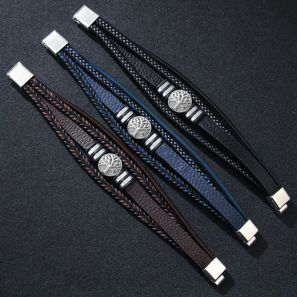 Allmatch Multilayer Woven Alloy And Pu Leather Bracelet With Geometric Pattern And Electroplating Treatment