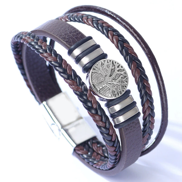 Allmatch Multilayer Woven Alloy And Pu Leather Bracelet With Geometric Pattern And Electroplating Treatment