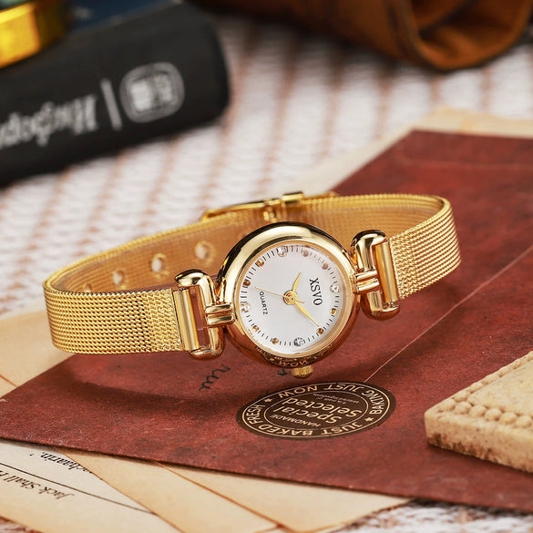 Allmatch Quartz Watch For Female Students With Rhinestone Scale Round Dial Mesh Band And Alloy Material