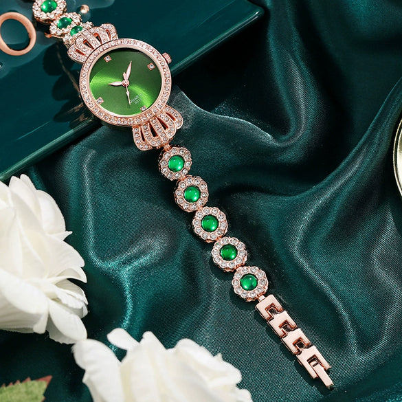 Allmatch Retro Quartz Watch For Women Peacock Green Alloy Case And Strap Round Dial Stainless Steel Buckle