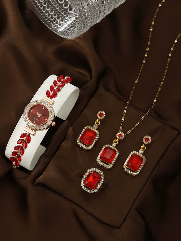 Allmatch Round Diamond Edge Leafshaped Alloy Quartz Jewelry Set For Women