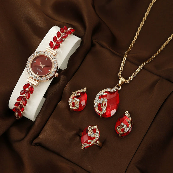 Allmatch Round Diamond Edge Leafshaped Alloy Quartz Jewelry Set For Women