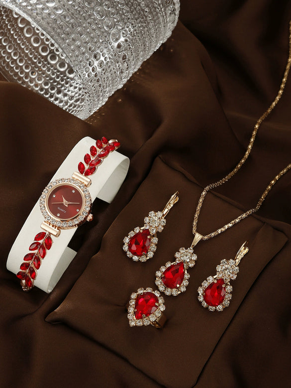 Allmatch Round Diamond Edge Leafshaped Alloy Quartz Jewelry Set For Women