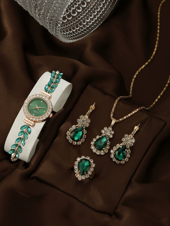 Allmatch Round Diamond Edge Leafshaped Alloy Quartz Jewelry Set For Women