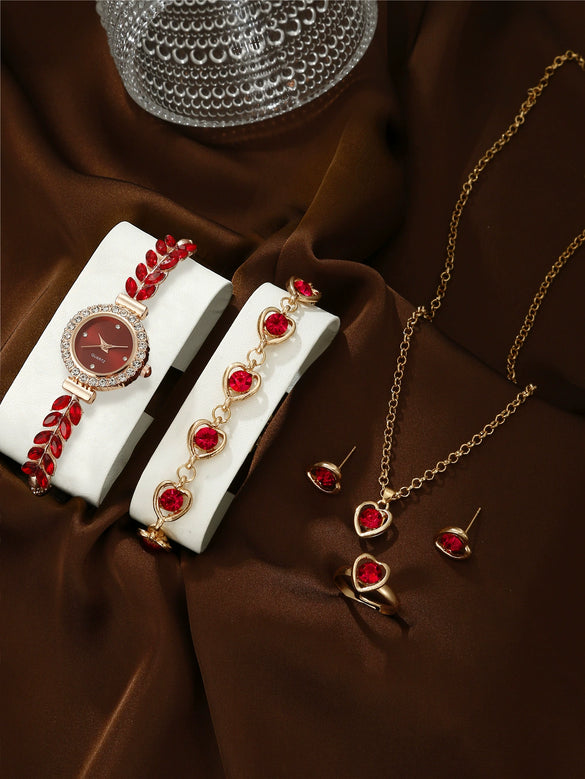 Allmatch Round Diamond Edge Leafshaped Alloy Quartz Jewelry Set For Women