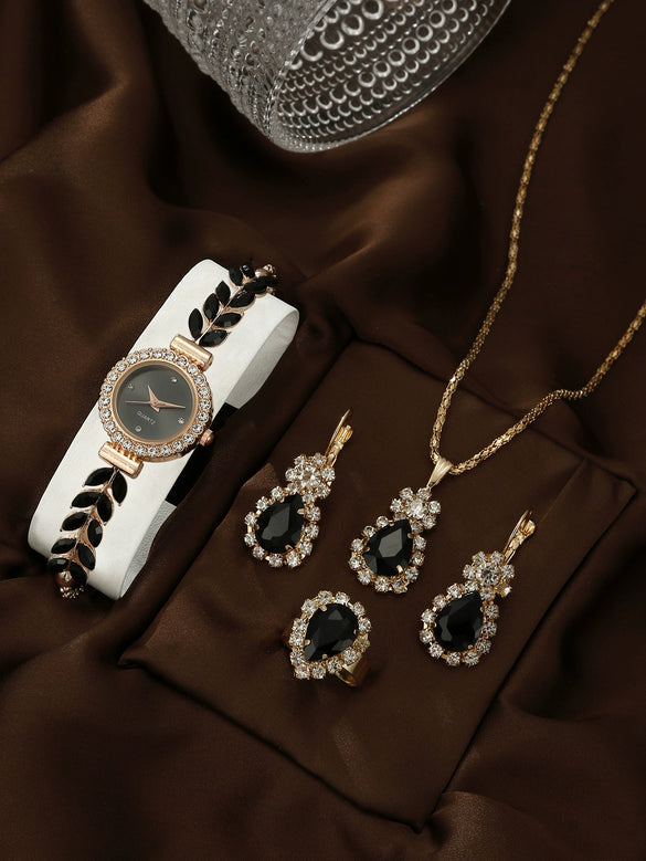 Allmatch Round Diamond Edge Leafshaped Alloy Quartz Jewelry Set For Women