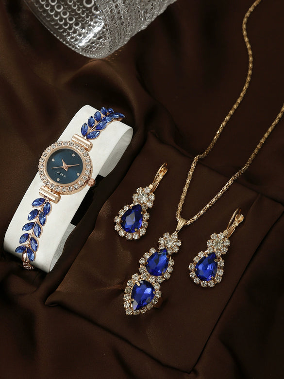 Allmatch Round Diamond Edge Leafshaped Alloy Quartz Jewelry Set For Women