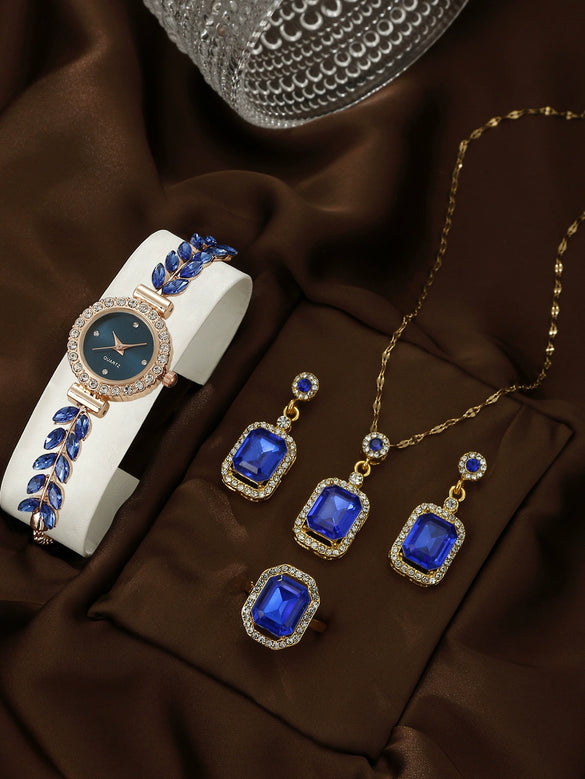 Allmatch Round Diamond Edge Leafshaped Alloy Quartz Jewelry Set For Women