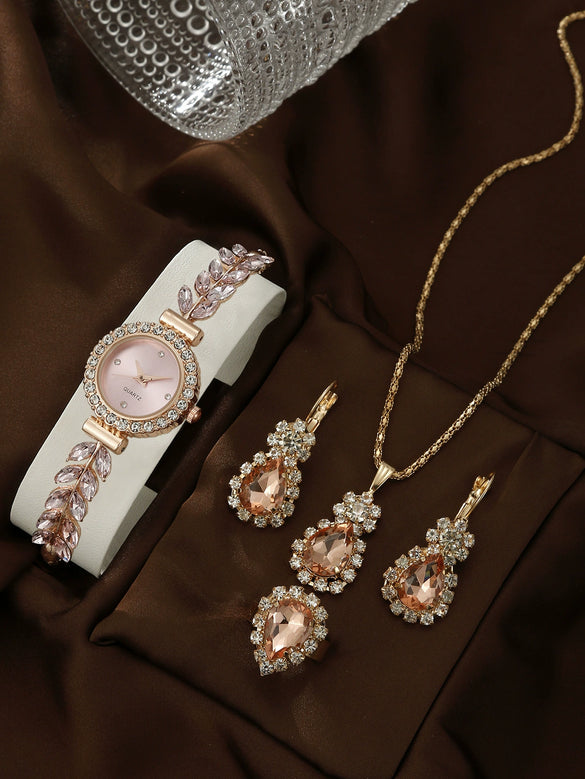 Allmatch Round Diamond Edge Leafshaped Alloy Quartz Jewelry Set For Women