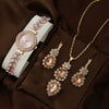 Allmatch Round Diamond Edge Leafshaped Alloy Quartz Jewelry Set For Women