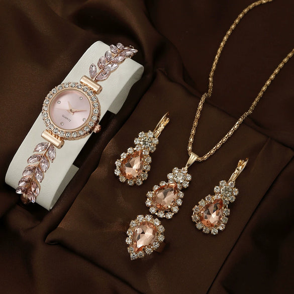 Allmatch Round Diamond Edge Leafshaped Alloy Quartz Jewelry Set For Women