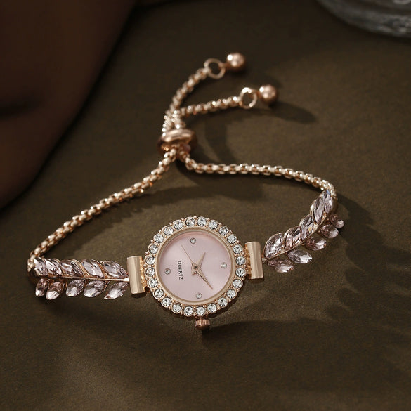 Allmatch Round Diamond Edge Leafshaped Alloy Quartz Jewelry Set For Women