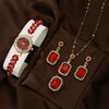 Allmatch Round Diamond Edge Leafshaped Alloy Quartz Jewelry Set For Women