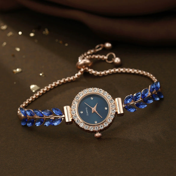 Allmatch Round Diamond Edge Leafshaped Alloy Quartz Jewelry Set For Women