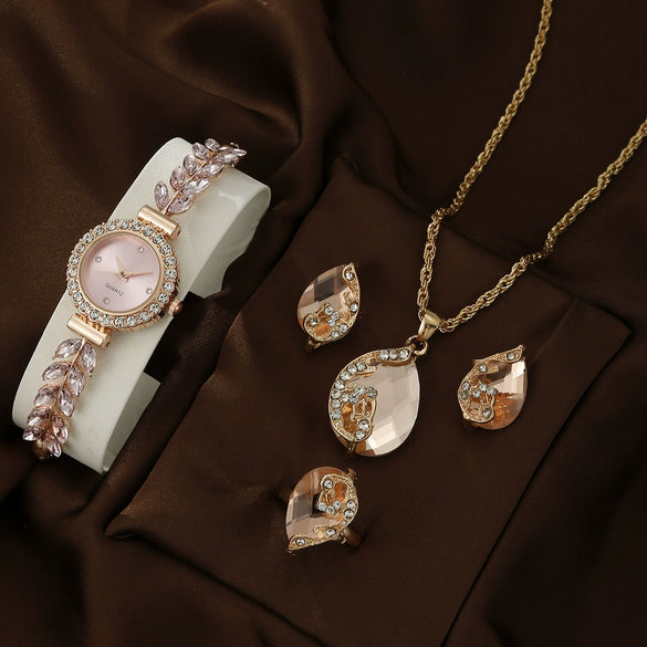 Allmatch Round Diamond Edge Leafshaped Alloy Quartz Jewelry Set For Women