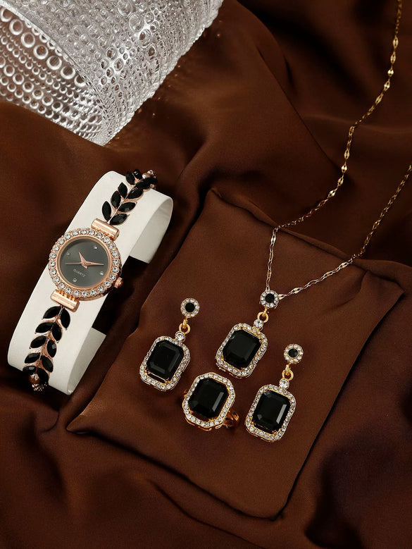 Allmatch Round Diamond Edge Leafshaped Alloy Quartz Jewelry Set For Women