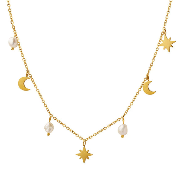 Allmatch Star Moon Natural Freshwater Pearl Tassel Collarbone Necklace For Women 316L Stainless Steel With Electroplating Niche Light Luxury Design