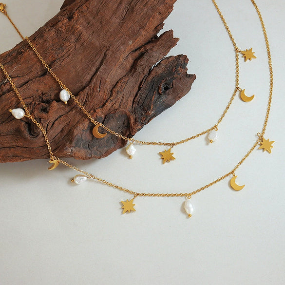 Allmatch Star Moon Natural Freshwater Pearl Tassel Collarbone Necklace For Women 316L Stainless Steel With Electroplating Niche Light Luxury Design