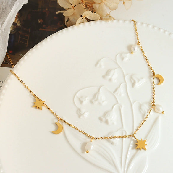 Allmatch Star Moon Natural Freshwater Pearl Tassel Collarbone Necklace For Women 316L Stainless Steel With Electroplating Niche Light Luxury Design