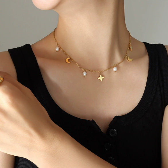 Allmatch Star Moon Natural Freshwater Pearl Tassel Collarbone Necklace For Women 316L Stainless Steel With Electroplating Niche Light Luxury Design