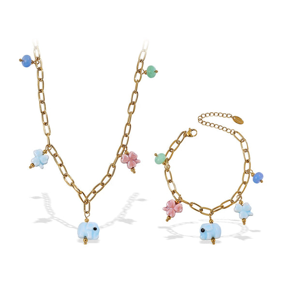 Allmatch 316L Stainless Steel Gold Ceramic Natural Stone Elephant Design Electroplated Necklace For Women