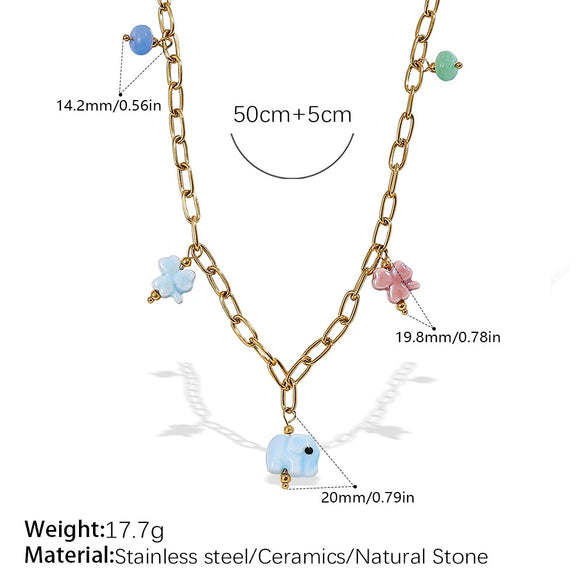 Allmatch 316L Stainless Steel Gold Ceramic Natural Stone Elephant Design Electroplated Necklace For Women