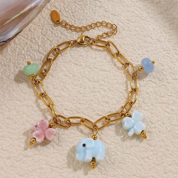 Allmatch 316L Stainless Steel Gold Ceramic Natural Stone Elephant Design Electroplated Necklace For Women