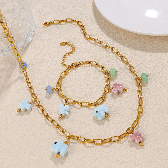 Allmatch 316L Stainless Steel Gold Ceramic Natural Stone Elephant Design Electroplated Necklace For Women