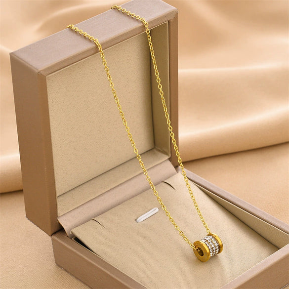 Allmatch Titanium Steel Necklace With Small Man Waist Pendant Electroplated Mixed Gem Inlay Geometric Style For Women