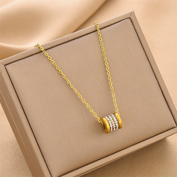 Allmatch Titanium Steel Necklace With Small Man Waist Pendant Electroplated Mixed Gem Inlay Geometric Style For Women