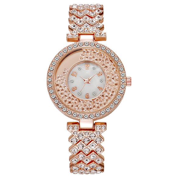 Allmatch Women's Leisure Watch With Quicksand Ball Rhinestone Alloy Case And Stainless Steel Buckle Round Dial