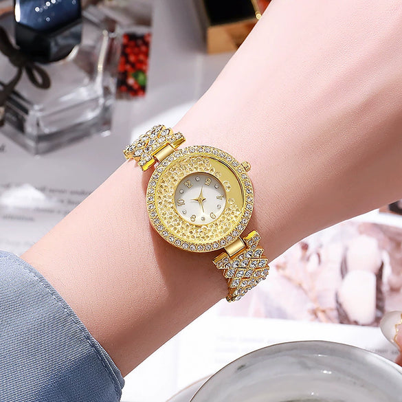 Allmatch Women's Leisure Watch With Quicksand Ball Rhinestone Alloy Case And Stainless Steel Buckle Round Dial