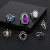 Alloy Amethyst Opal Zircon Black Gem Combination Hollow Geometric Pattern Ring 7 Piece Set Electroplated
