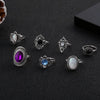 Alloy Amethyst Opal Zircon Black Gem Combination Hollow Geometric Pattern Ring 7 Piece Set Electroplated