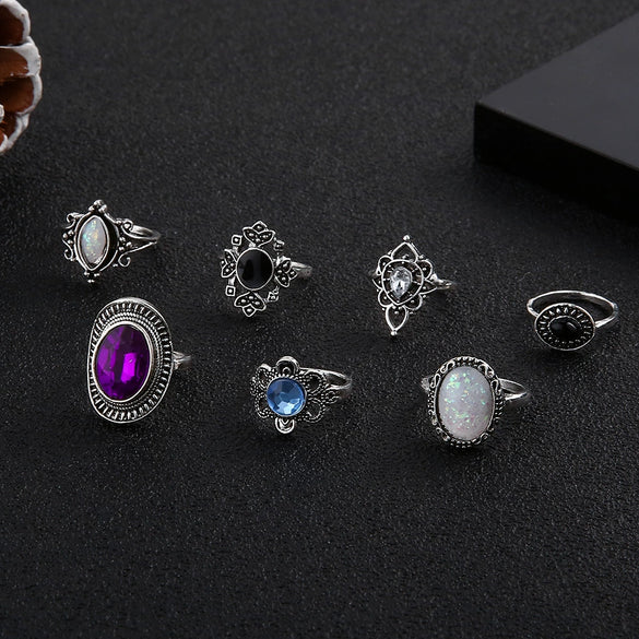 Alloy Amethyst Opal Zircon Black Gem Combination Hollow Geometric Pattern Ring 7 Piece Set Electroplated