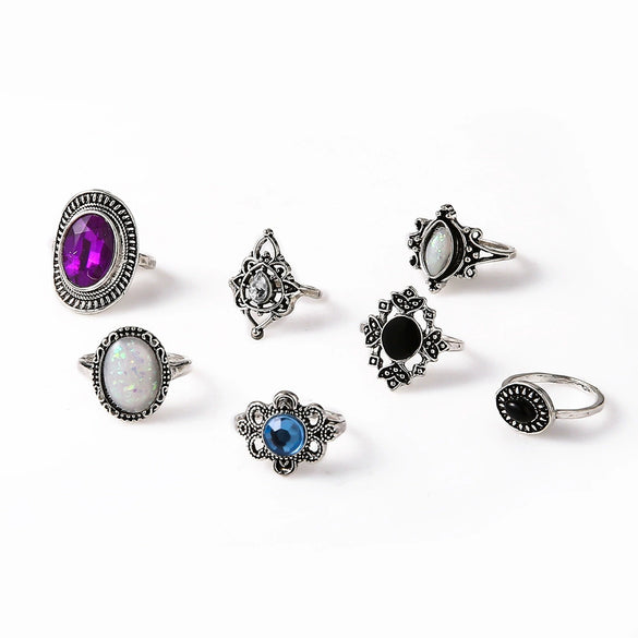 Alloy Amethyst Opal Zircon Black Gem Combination Hollow Geometric Pattern Ring 7 Piece Set Electroplated