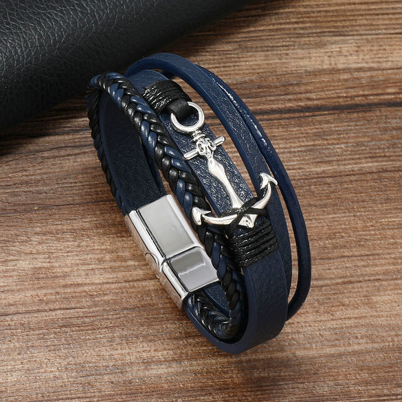 Alloy Anchor Leather Bracelet Handmade Retro Style For Men