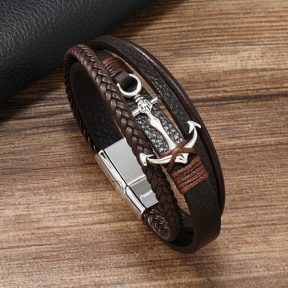Alloy Anchor Leather Bracelet Handmade Retro Style For Men