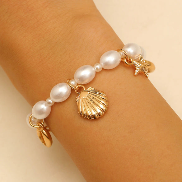 Alloy And Imitation Pearl Shell Chain With Sea Life Pendant Necklace And Bracelet Electroplated Ocean Style For Women
