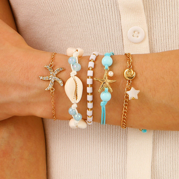 Alloy And Imitation Pearl Shell Chain With Sea Life Pendant Necklace And Bracelet Electroplated Ocean Style For Women