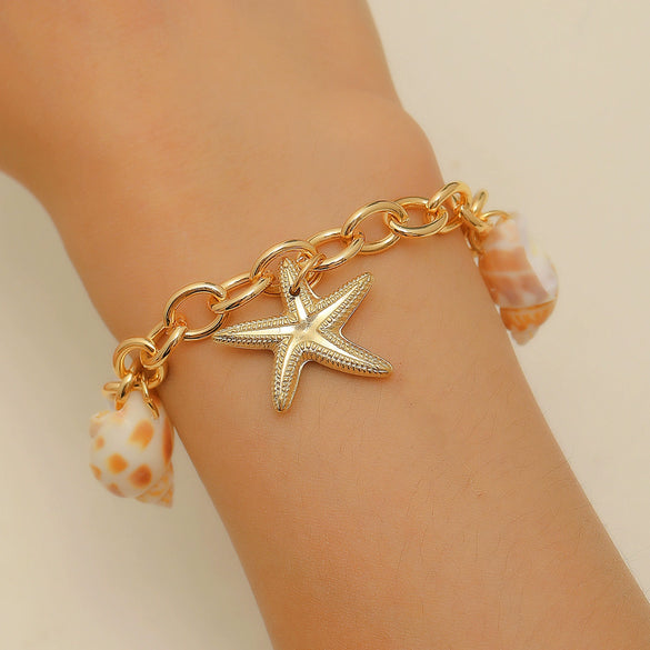Alloy And Imitation Pearl Shell Chain With Sea Life Pendant Necklace And Bracelet Electroplated Ocean Style For Women
