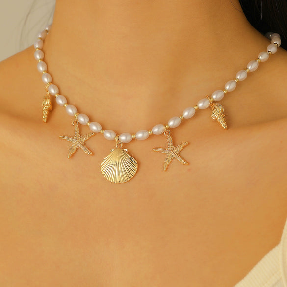 Alloy And Imitation Pearl Shell Chain With Sea Life Pendant Necklace And Bracelet Electroplated Ocean Style For Women