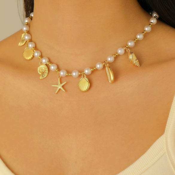 Alloy And Imitation Pearl Shell Chain With Sea Life Pendant Necklace And Bracelet Electroplated Ocean Style For Women