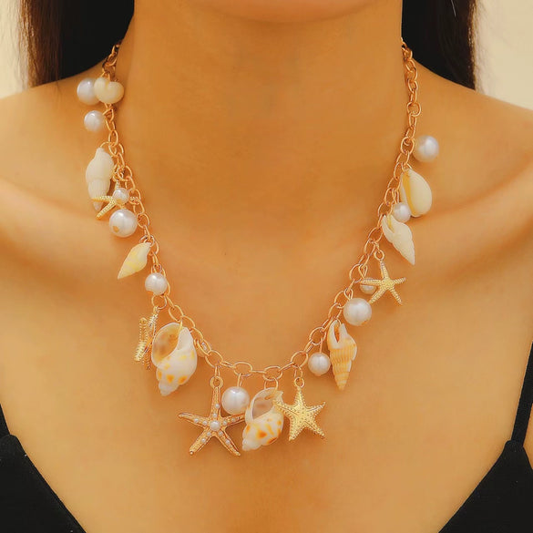 Alloy And Imitation Pearl Shell Chain With Sea Life Pendant Necklace And Bracelet Electroplated Ocean Style For Women