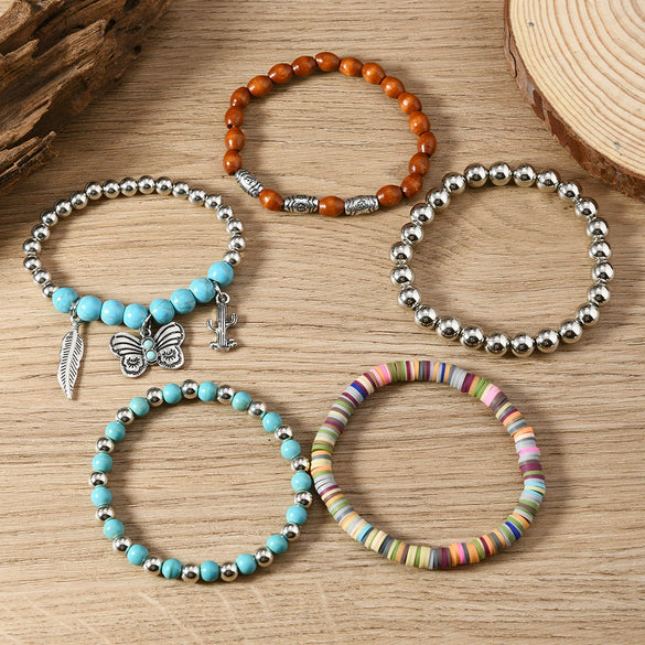 Alloy And Plastic Resin Beaded Multilayer Handmade Unisex Vintage Geometric Style Cactus Butterfly Leaf Bracelet 5Piece Set