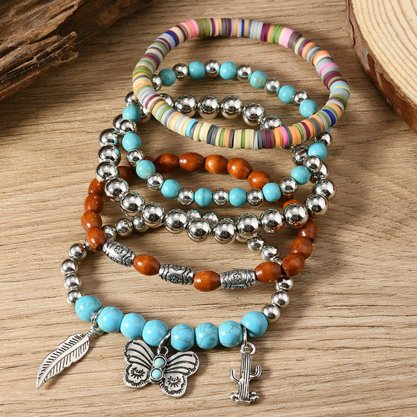Alloy And Plastic Resin Beaded Multilayer Handmade Unisex Vintage Geometric Style Cactus Butterfly Leaf Bracelet 5Piece Set