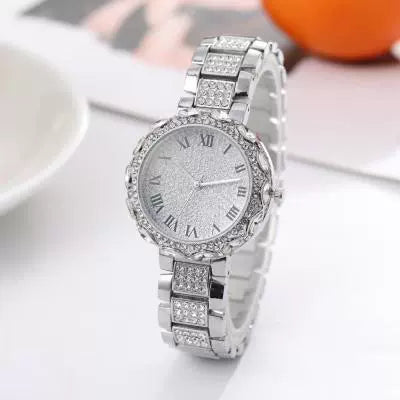 Alloy And Stainless Steel Band Quartz Watch With Gypsophila Rhinestone For Men And Women Round Dial Leisure Style