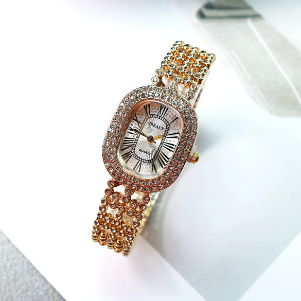 Alloy And Stainless Steel Diamondencrusted Oval Eggshaped Women's Casual Bracelet Watch