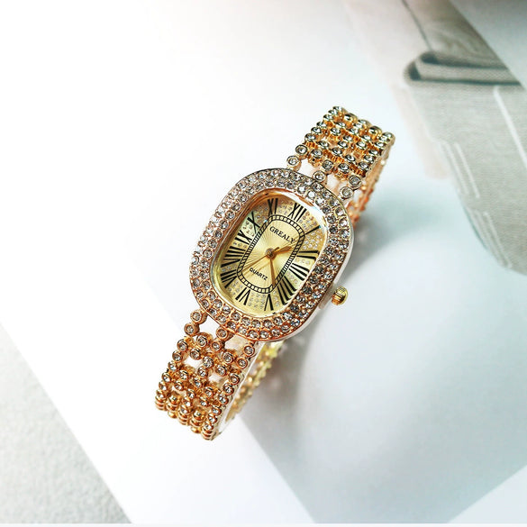 Alloy And Stainless Steel Diamondencrusted Oval Eggshaped Women's Casual Bracelet Watch