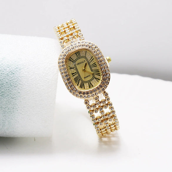 Alloy And Stainless Steel Diamondencrusted Oval Eggshaped Women's Casual Bracelet Watch